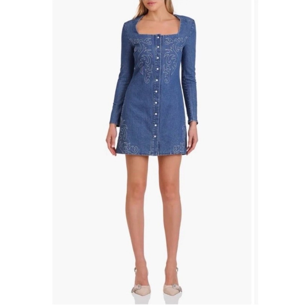 Dress - Avec Les Filles - Blue Denim - Western Boot-Like Embroidered Stitching - Picture 10 of 11
